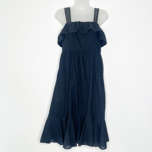 J.Crew Dress Women 2 Black‎ Midi Ruffle Eyelet Ruffle Peasant Minimalist Neutral - Picture 1 of 9